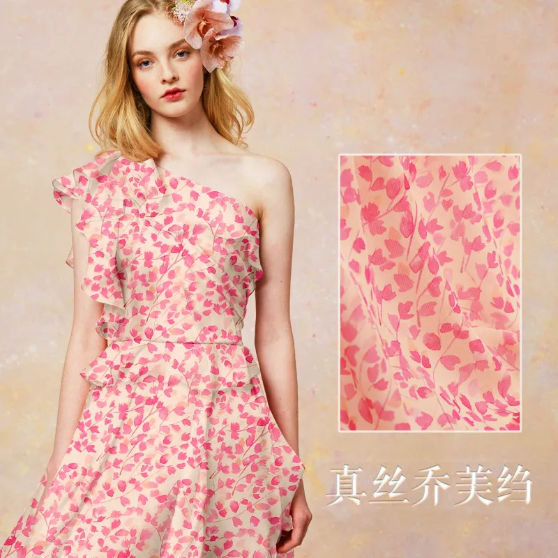 

Pink plant printing silk crepe georgette special texture silk yarn fashion silk fabric for dress shirt 137cm wide 13mm low price