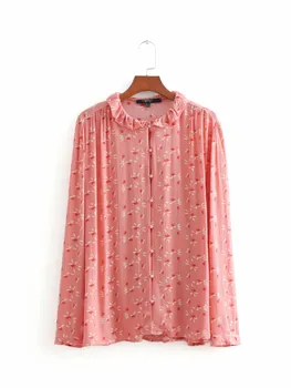 

2019 New Summer Women Floral Print Sweet Shirt Fashion Long Sleeve Pink Blouse Girly Ruffled Stand Neck Casual Top