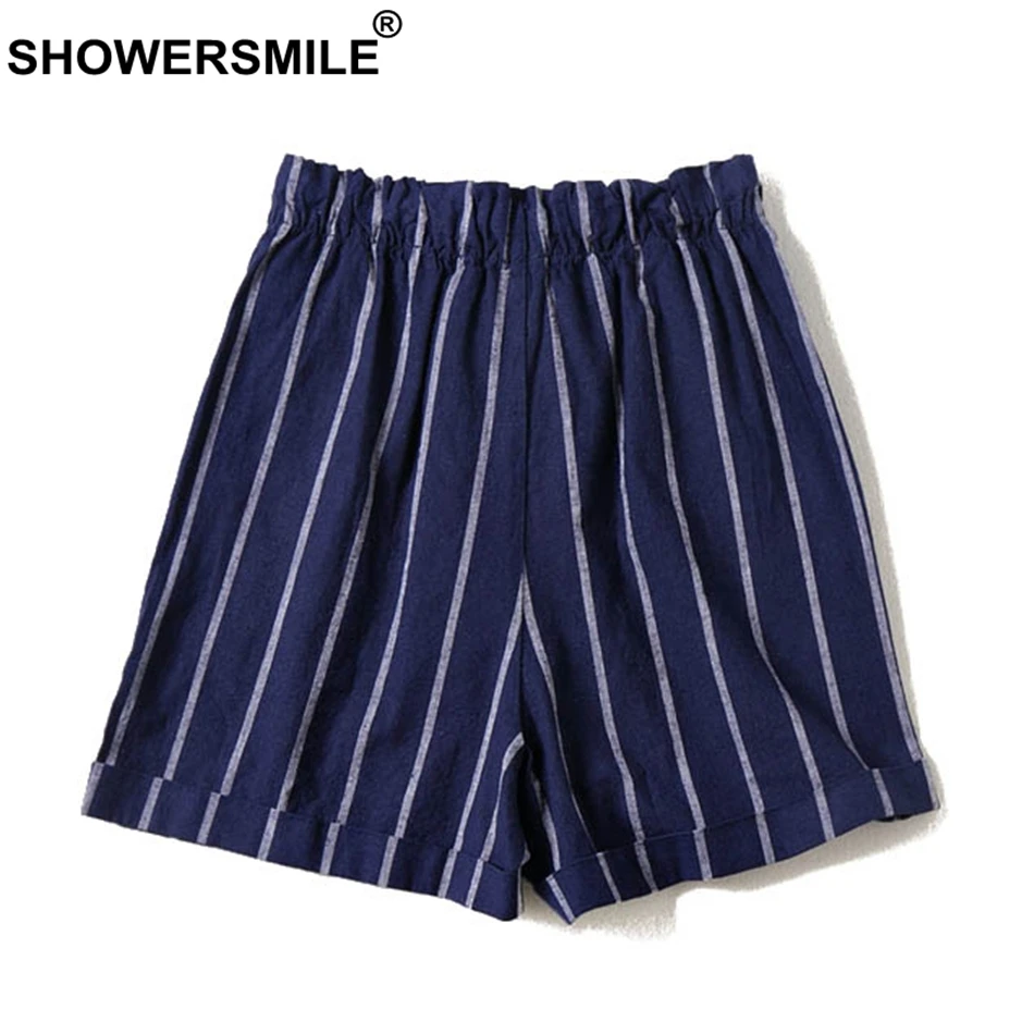 SHOWERSMILE Striped Shorts Women Lace Up Navy Blue Short Trousers Casual Elastic Waist Summer Autumn Short Pants With Pockets SHOWERSMILE Striped Shorts Women Lace Up Navy Blue Short Trousers Casual Elastic Waist Summer Autumn Short Pants With Pockets