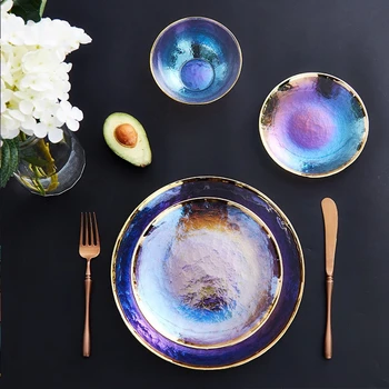 

Luxury Rainbow Glass Food Plate Talbleware Dinner Plate set Salad Bowl Fruit Bowls Food Storage Dinnerware Kitchen Party Weeding