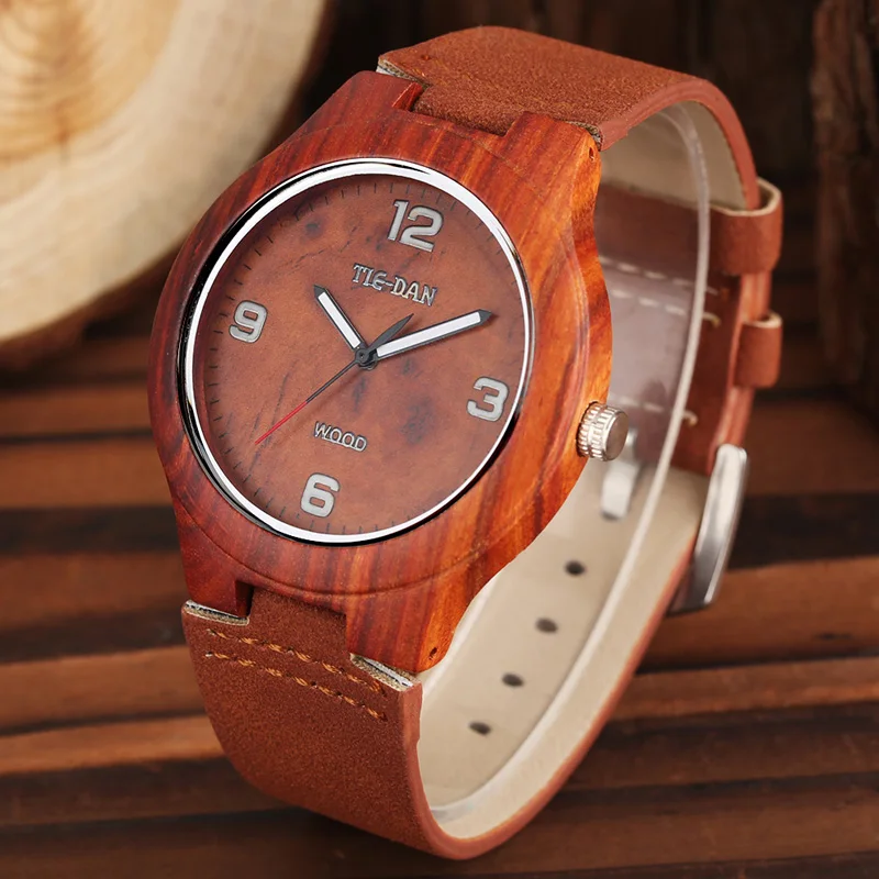 

TIEDAN Men's Bamboo Wood Watch 100% Natural Wooden Quartz-Watch Minimalism Analog Clock Male Genuine Leather 2019 Reloj Hombre