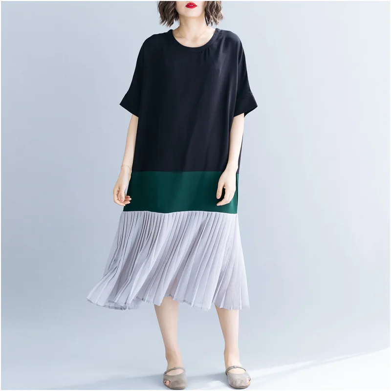 Женская повседневная одежда, новые летние свободные платья в стиле пэчворк с круглым вырезом и коротким рукавом, плиссированные корейские платья - Цвет: Черный
