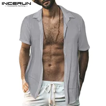 INCERUN, уличная одежда, сексуальная рубашка для мужчин, с отворотом, на шее, дышащая, прозрачная, короткий рукав, Тонкая блузка, для отдыха, брендовая рубашка для мужчин,, Camisa