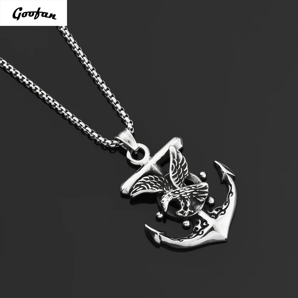 

Goofan Hiphop Men Personality Punk Style Silver Anchor Rudder Eagle Pendant&Necklace 316L Stainless Steel Cool Jewelry STN713