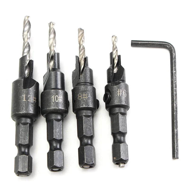 

15% 4Pcs HSS Countersink Drill Bit + Quick Change Hex Shank Screw Size 6# 8#10#12# Top Quality