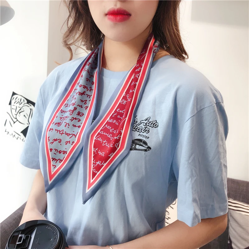 

Silk Neck Scarf Women Small Skinny Hair Scarfs Letter Print Fashion Headband Female Hand Bag Wrap Tie Lady Headband