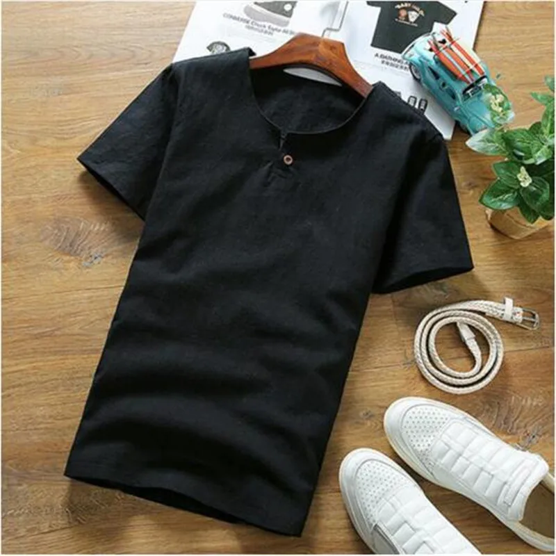  2019 Chinese Style Spring Summer Men Shirts Cotton Linen Solid V Collar Shirt Plus Size Traditional
