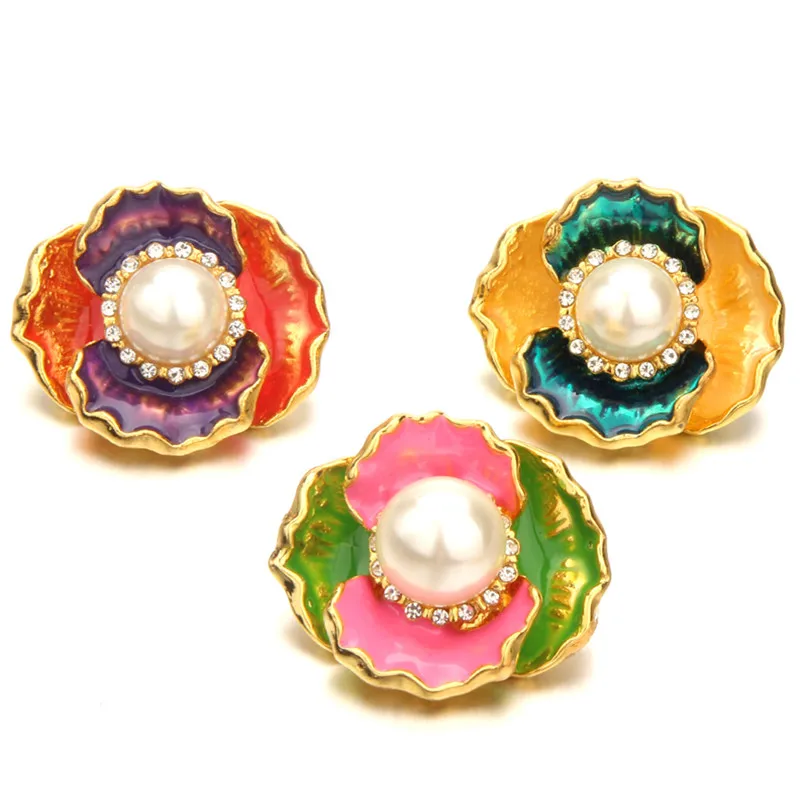 Big Flower Metal 18mm Snap Button Jewelry Pearl Snap Button Charms For