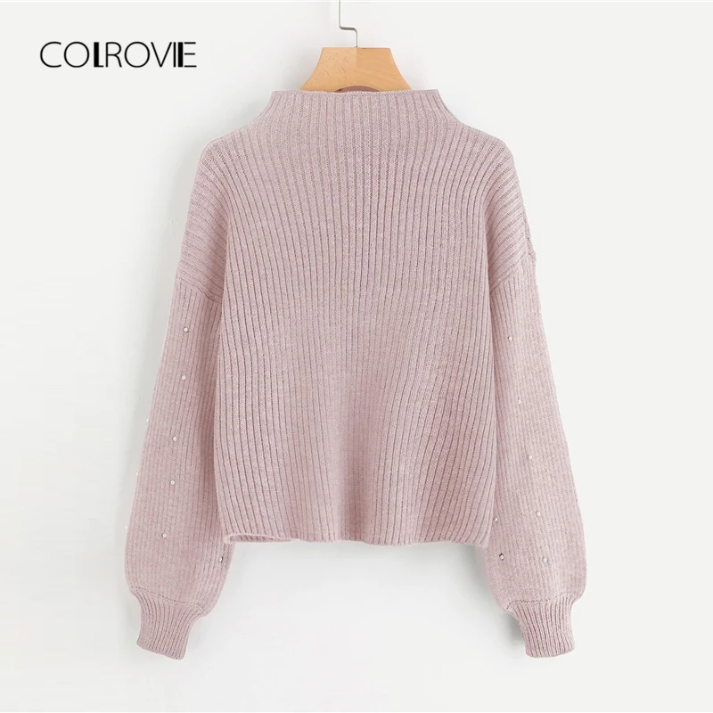 COLROVIE الوردي اللؤلؤ الخرز مزين بالغت أسقف كم الشتاء الكورية سترة 2018 الخريف الأزياء الحلو أنيقة السترة