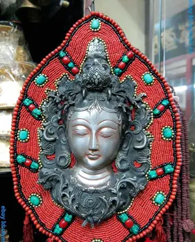 

16" Tibet White copper inlay Turquoise Buddhism Kwan-yin buddha Head Statue