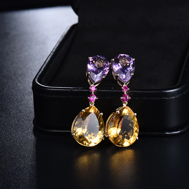 LOVERJEWELRY Drop Earrings Solid 14KT Yellow Gold Natural Amethyst Citrine Gemstones Engagement Earrings For Women Jewelry Gift