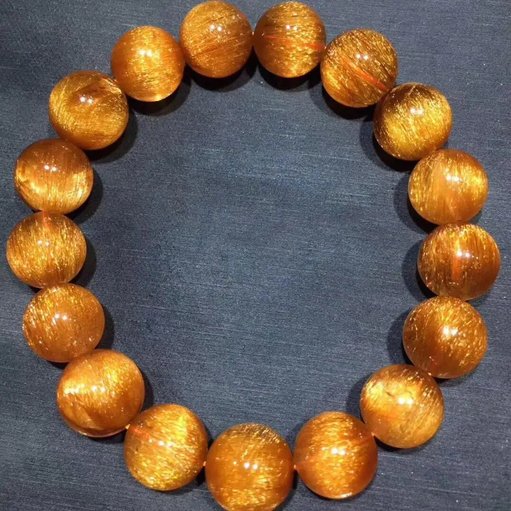 

12.5mm Natural Brazil Copper Rutilated Bracelet Women Men Strong Cat Eye Round Beads Quartz Crystal Fashion Bracelet AAAAA