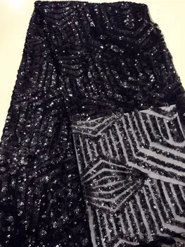 

High Quality 100% Polyester Mesh African French Lace with Full Sequins 5 Yards Newest Netting Sewing French Lace Black LY3116