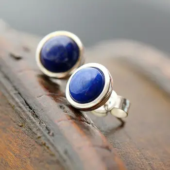 

925 Sterling Silver Earrings with female Handmade Natural Lapis Stud Earrings
