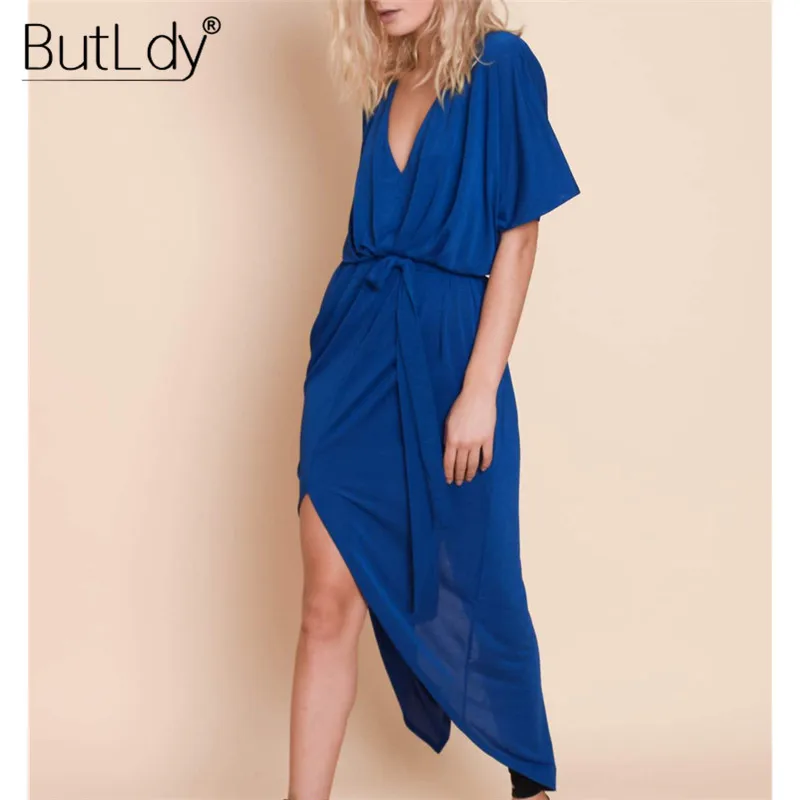 Split Asymmetrical Casual Long Summer Dress Women 2019 Sexy VNeck Short Sleeve Loose Beach Dress Female Sundress Vintage Dresses