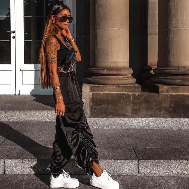 

2018 Women Sexy Pleated Lace Up Straight Pants Autumn Loose Casual Sweat Pants High Waist Street Fashion Workout Trousers