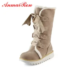 ANMAIRON New Hot Sale Half Knee Boots Fashion Thick Fur Warm Winter Shoes Vintage Lace Up Platform Outdoor Snow Boots for Women