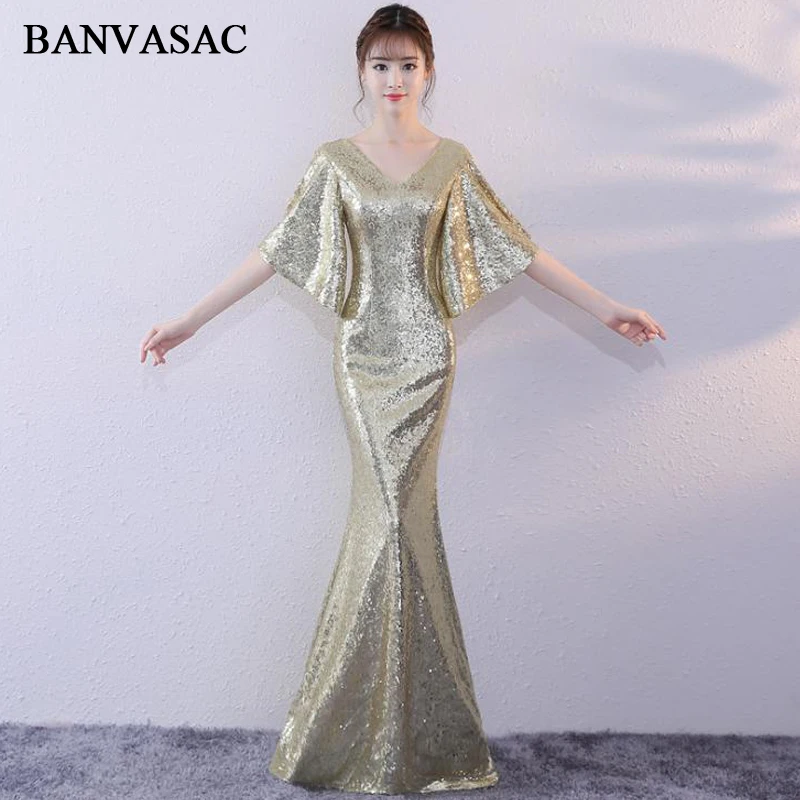 

BANVASAC 2018 Elegant V Neck Sequined Mermaid Long Evening Dresses Party Flare Half Sleeve Zipper Back Prom Gowns