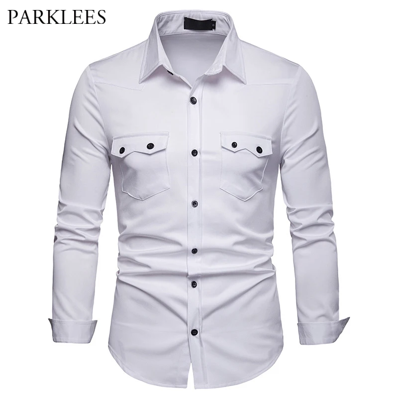Mens Business Casual Shirt Soft White Long Sleeve Slim Fit Dress Shirts