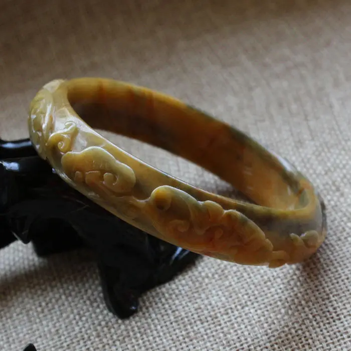 

A391 Chinese Hand-carved Emerald Brown stoneite stone Gems Bracelet Bangle 61mm