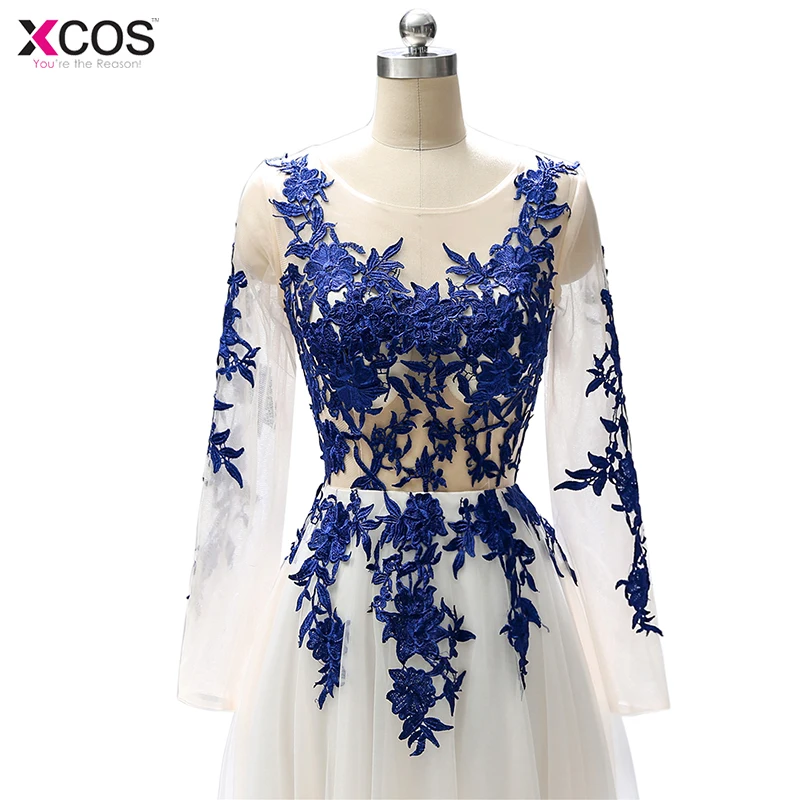 Robe de bal longue белое синее платье для выпускного вечера Длинные изготовленный на заказ платья выпускного вечера с длинными рукавами Вечерние платья большого размера