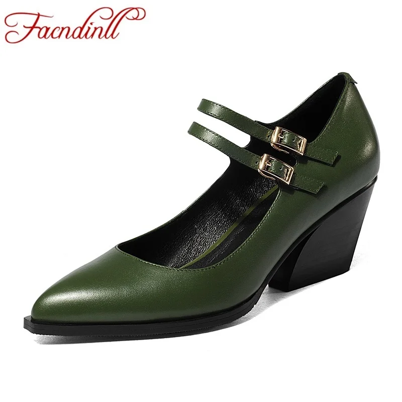 

women pumps 2017 new spring high-quality genuine leather shoes thick high heels pointed toe gladiator shoes pumps casual shoes