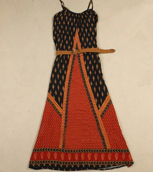 

France Paris Red National Wind Vintage Spaghetti Strap Long Dress Printing Cotton Beach Maxi Dress