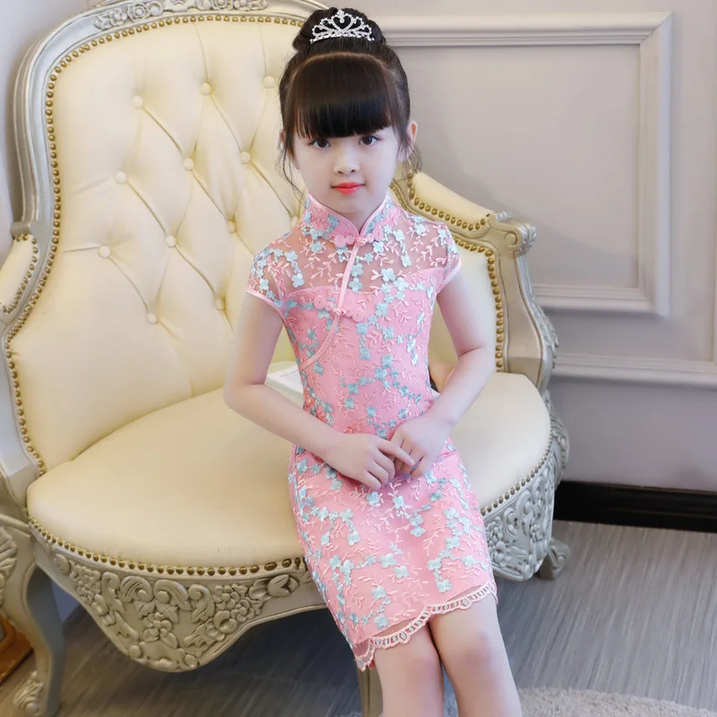 Китайское традиционное кружевное платье для маленьких девочек с вышивкой и цветочным узором Cheong-sam Летние Повседневные платья Детские Вечерние платья Qipao
