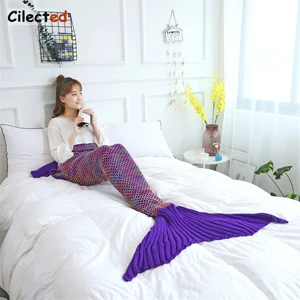 Одеяло с хвостом русалки, клетчатое теплое шерстяное вязаное одеяло на диване, кровать для чтения, одеяло для взрослых, Осеннее - Цвет: B41T02