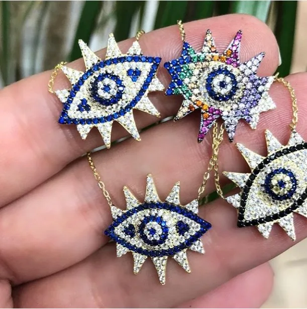 

micro pave blue rainbow cz evil eye eyelash Turkish Bohemia fashion jewelry women collar chain eye pendant necklace