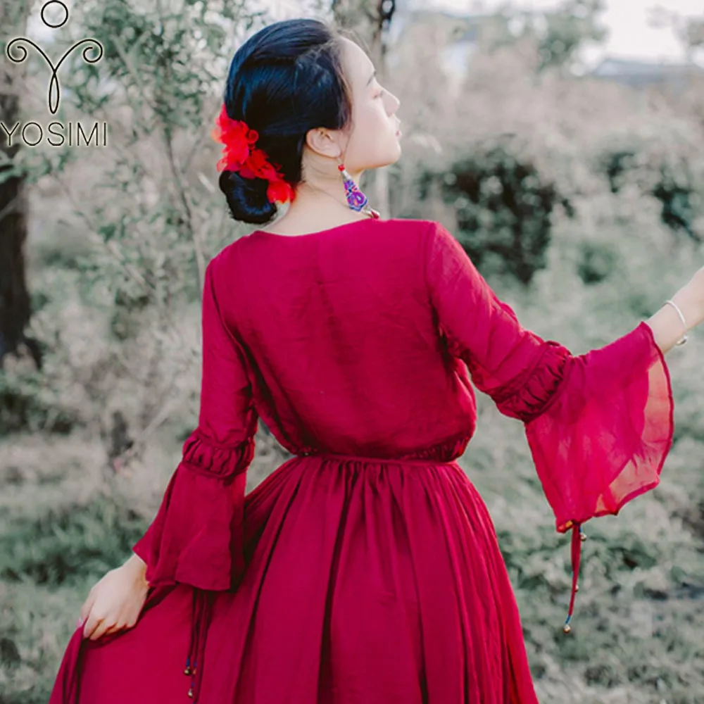YOSIMI летнее длинное шифоновое красное женское платье для путешествий, богемное пляжное платье с рукавом-бабочкой и v-образным вырезом, длина до щиколотки, женское платье