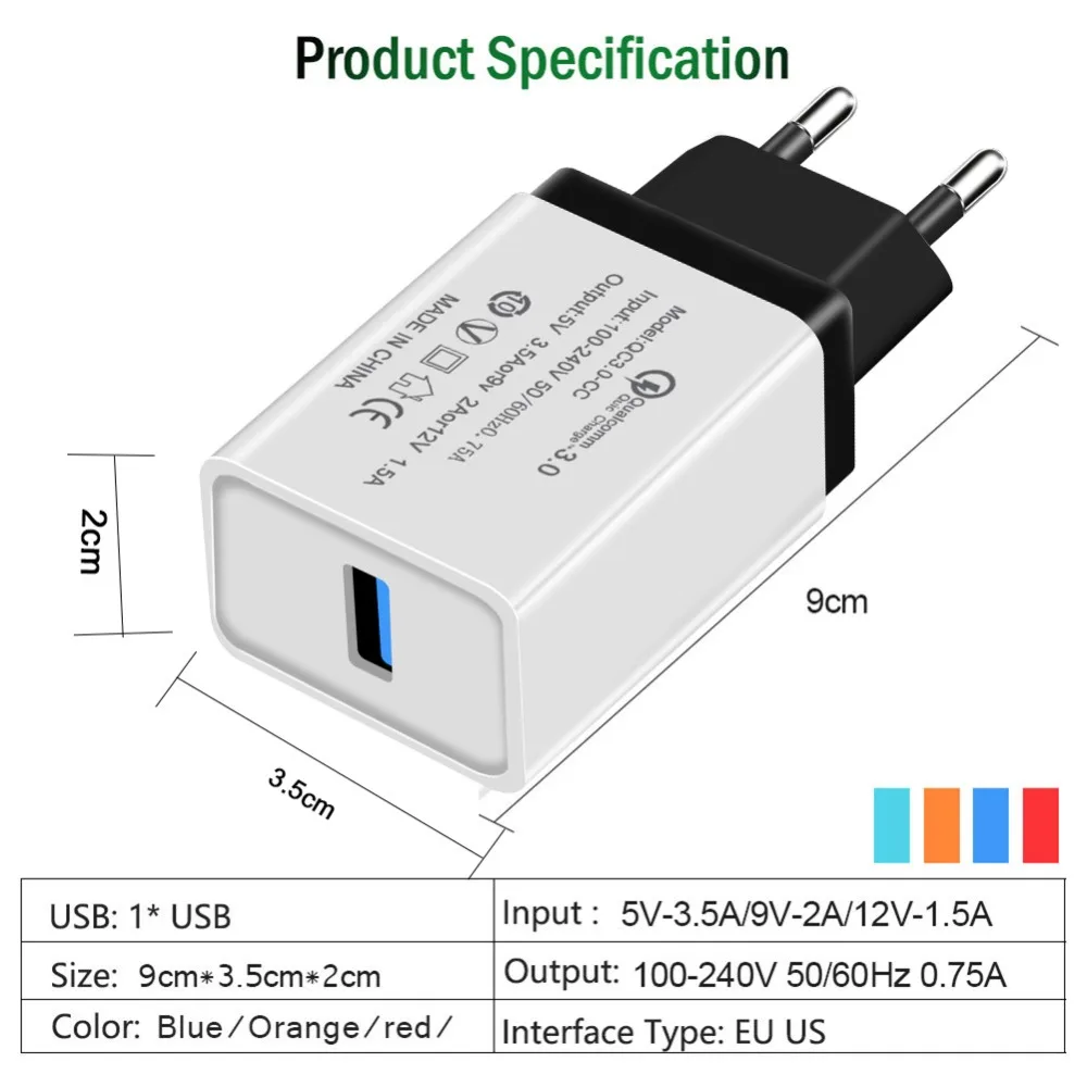 Quick Charging QC3.0 USB Quick Charger 18W Fast USB Charger Wall Mobile Phone Charger For iPhone Samsung Huawei Xiaomi US/EU 