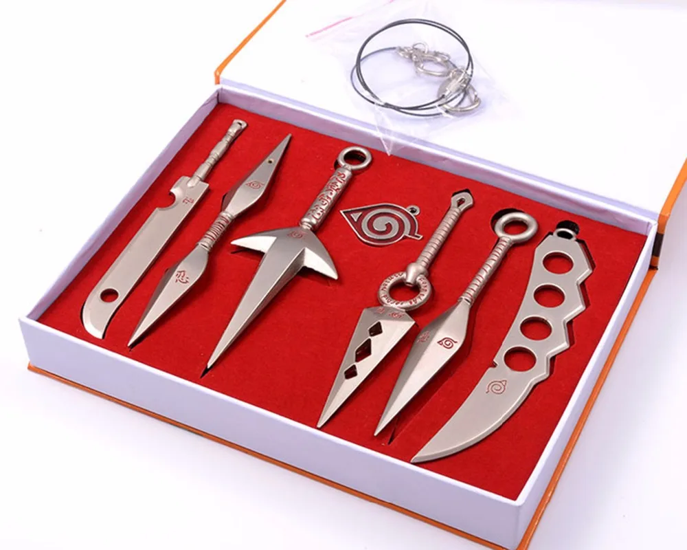 

7pcs/set retail Naruto Hatake Kakashi Deidara Kunai Shuriken Weapons Pendant Cosplay boys new year gift Free necklace D keychain