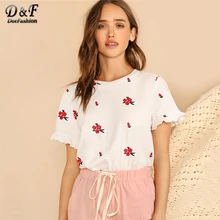 Dotfashion белая футболка с цветочной вышивкой и манжетами, Женская Корейская Эстетическая одежда, летняя Элегантная футболка, Женские повседневные топы