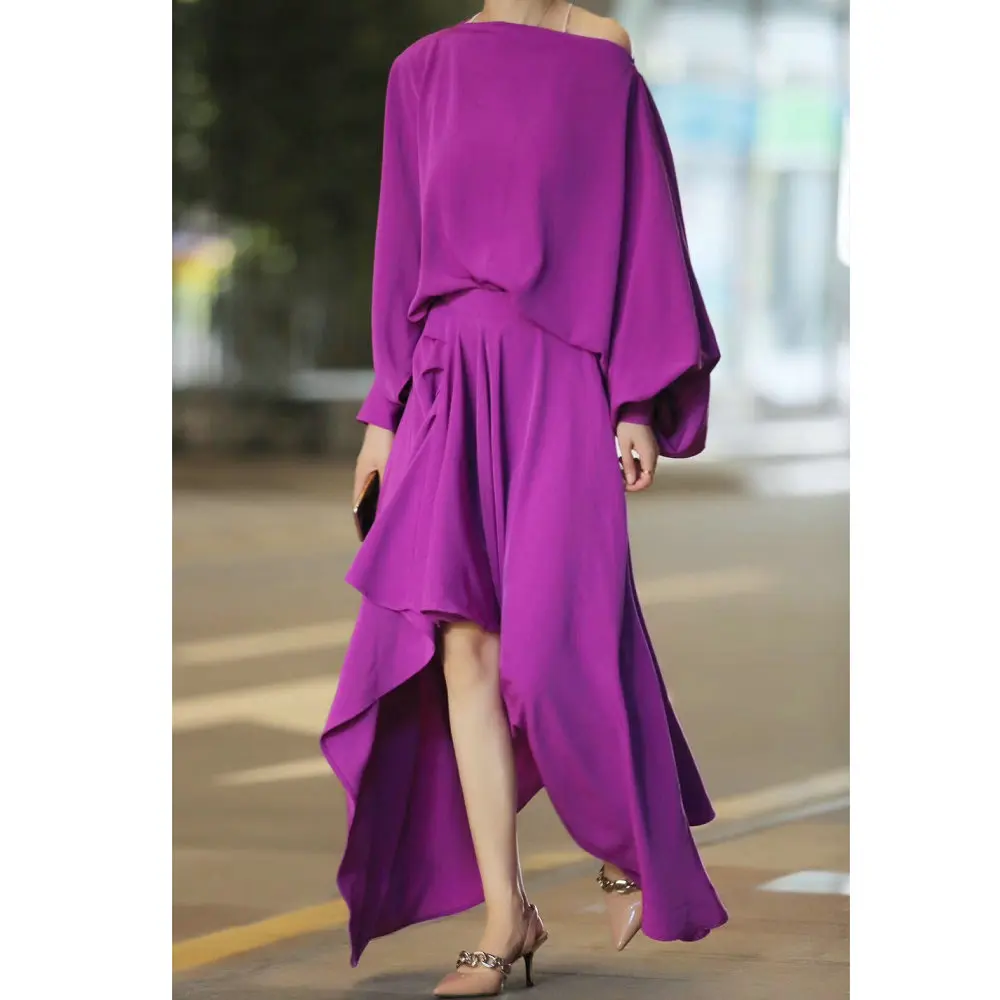 

Women Chiffon Suit Skirt Set 2019 Summer Long Lantern Sleeve Off Shoulder Blouse Mid-long Asymmetrical Hem 2 Piece Skirt Sets