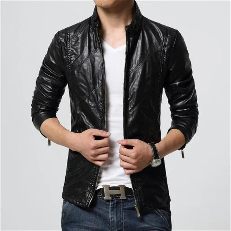 

2019 Autumn winter new men's stand collar slim leather Europe and America large size fashion PU leather solid color jacket