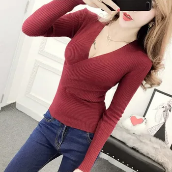 

Sexy Cross V Neck Knitted Sweater Women Sweaters Fashion Pullovers Autumn Long Sleeve Sweater