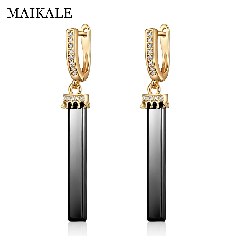 

MAIKALE Black White Ceramic Long Earrings Crown Earrings for Women New Fashion Cubic Zirconia Gold Silver CZ Drop Earings Gifts