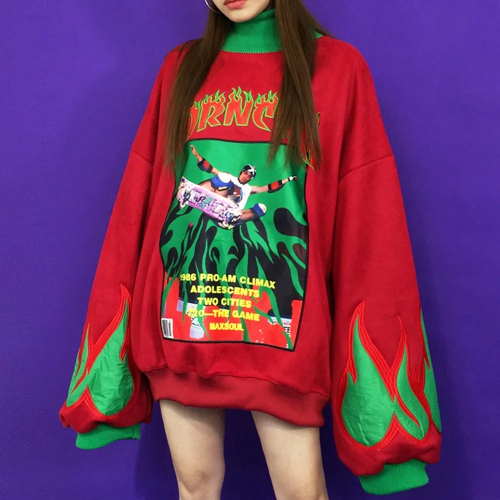

women hip pop hoodies turtleneck batwing loose oversize skateboard sweatshirts boyfriend flame letter thin-fleece streetwears