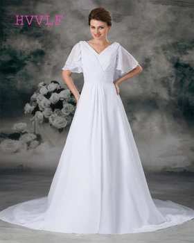 

Beach 2019 Wedding Dresses A-line V-neck Short Sleeve Chiffon Bead Maternity Cheap Wedding Gown Bridal Dresses Vestido De Noiva