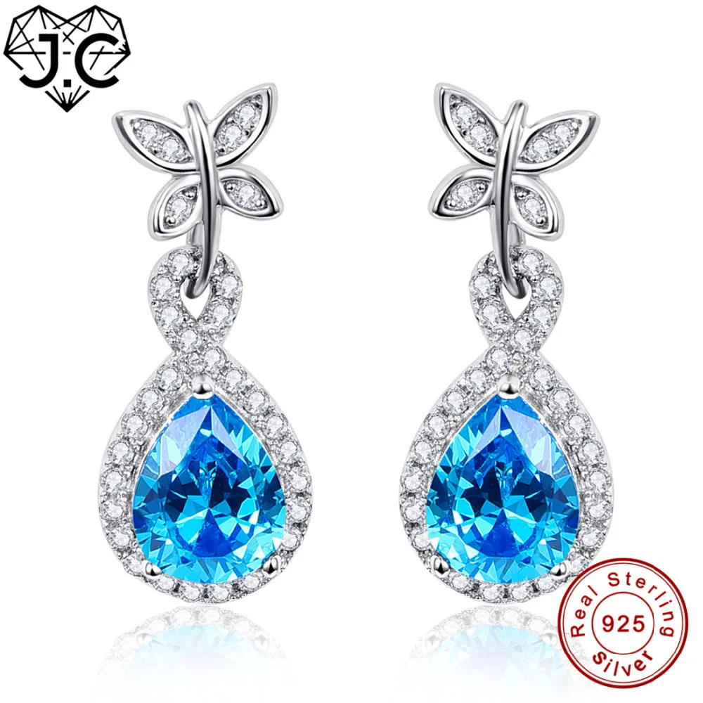

J.C Exquisite Water Droped Blue & White Topaz Earrings Solid 925 Sterling Silver Earrings Charm Fine Jewelry Earrings for Women