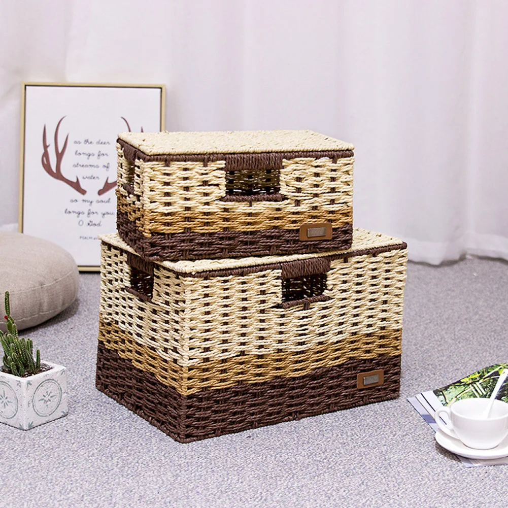 Соломенная плетеная корзина для хранения рабочего стола японская ткань сервис контейнер с крышкой игрушки закуски коробка для мелочей# CW