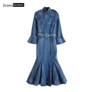 

Denim long Dress Women Flare Sleeve Mermaid Dresses Autumn Lady Blue Slim Party Dress Female Mid-calf fashion Clothes vestido