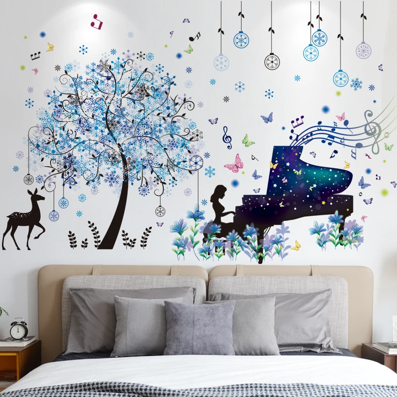 

[SHIJUEHEZI] Piano Girl Wall Stickers PVC Material DIY Snowflakes Tree Deer Mural Decals for House Kids Rooms Bedroom Decoration