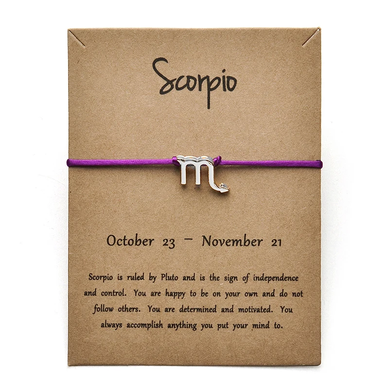 Модные украшения 12 созвездий Зодиака Скорпион счастливая веревка браслет браслеты для женщин мужчин подарок на день рождения - Окраска металла: purple Siver Scorpio