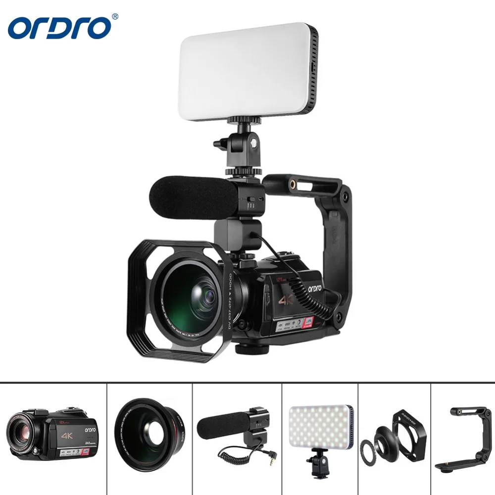 Ordro AC5 4K 12X оптический зум 24MP WiFi ips сенсорный экран цифровая камера+ бленда+ широкоугольный объектив+ микрофон+ светодиодный светильник+ ручной