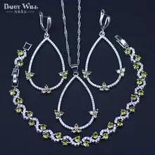 Груша оливково-зеленым фианитом 925 пробы Серебряные комплекты ювелирных изделий для Для женщин вечерние серьги/кулон/браслет/Цепочки и ожерелья комплект