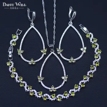 

Pear Olive Green Cubic Zirconia silver color Jewelry Sets For Women Party Earrings/Pendant/Bracelet/Necklace Set