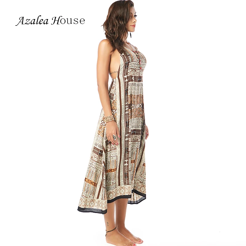Azalea House Sexy Women Dress National African Style Mid Calf Loose Print Backless Cross Bandage Straped Dress