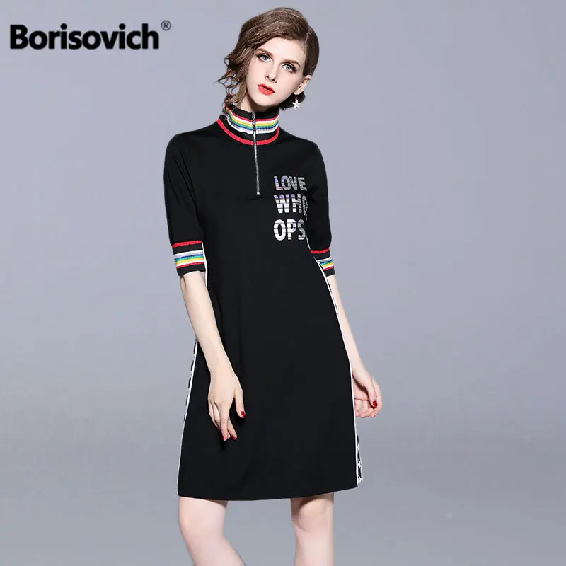 

Borisovich Women Casual Dress New Brand 2018 Autumn Fashion Letter Print Turtleneck Knee-length Female Black Pencil Dresses N272